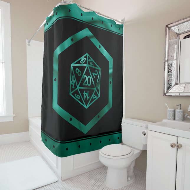 RPG Dice | Emerald Green Fantasy Tabletop Gamer Shower Curtain (In Situ)