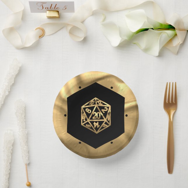 RPG Dice | Gold Fantasy Retro Tabletop PnP Gamer Paper Plate (Wedding)