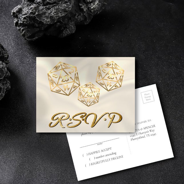 RPG Dice | Gold Fantasy Tabletop Gamer Event RSVP Invitation Postcard (Creator Uploaded)