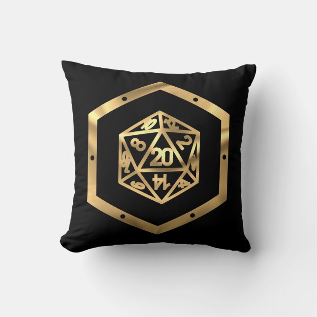 RPG Dice | Gold Fantasy Tabletop Retro PnP Gamer Cushion (Front)