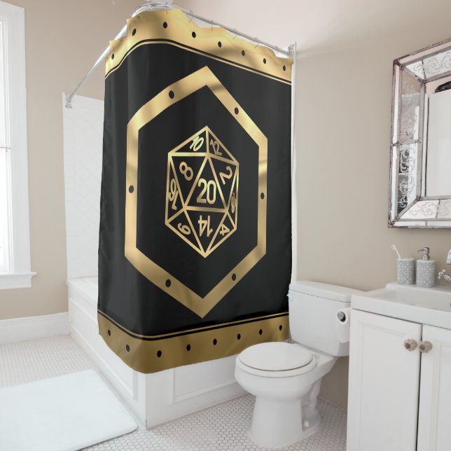 RPG Dice | Gold Fantasy Tabletop Retro PnP Gamer Shower Curtain (In Situ)
