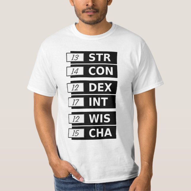 RPG Fantasy Ability Scores STR CON DEX INT WIS CHA T-Shirt (Front)