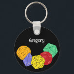 RPG Gaming Dice, Board, Fantasy Games Personalised Key Ring<br><div class="desc">This keychain has colourful illustrations of fantasy game style dice with 4-sided,  12-sided and 20-sided dice set against a black background. Above the graphic is a spot to add a name or other custom text. Perfect for fans of different RPG games and board games.</div>