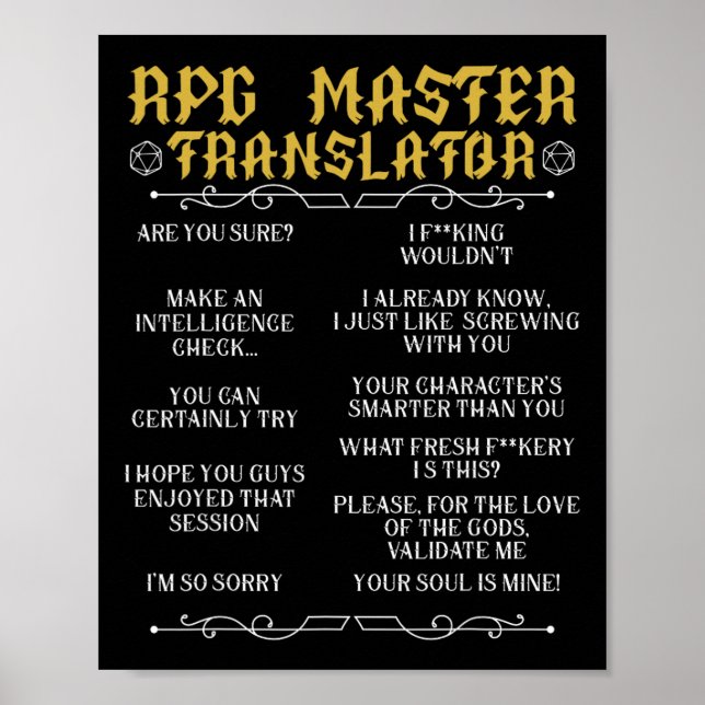Rpg Master Translator D20 Tabletop Games Funny Rpg Poster (Front)
