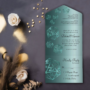 RPG Teal Dice   Luxury Sheen Gamer Wedding All In One Invitation