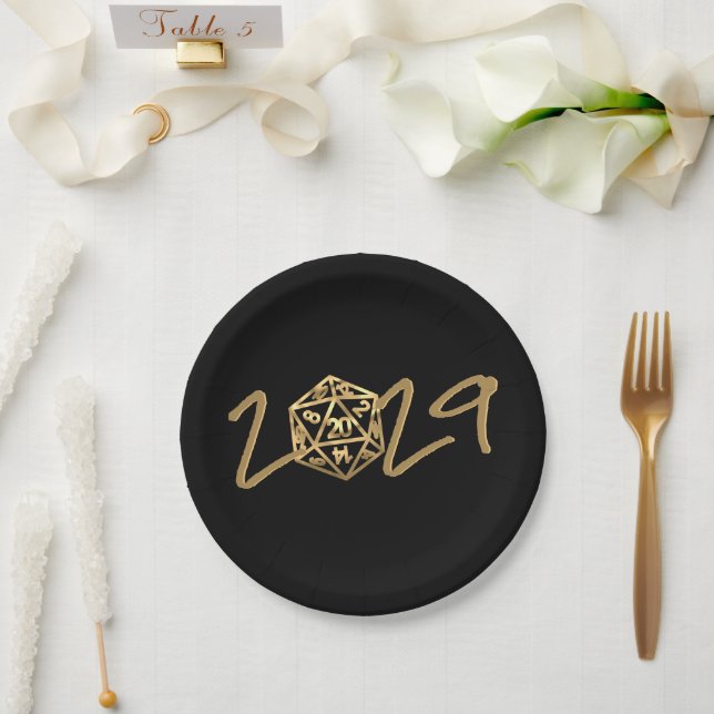 RPG Year | Gold Fantasy Tabletop Retro Gamer Dice Paper Plate (Wedding)