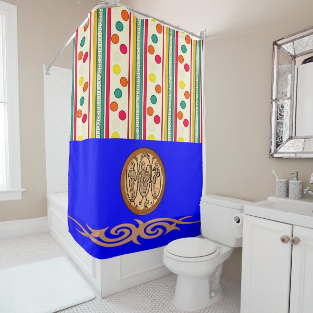 Rrainbow dots colourful blue showercurtain shower curtain (In Situ)