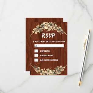 Rstic Wood Backdrop Gold Floral RSVP Card