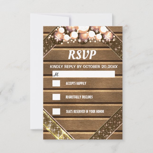 Rstic Wood Glitter Gold Bright Bulb Light  RSVP Card (Front)