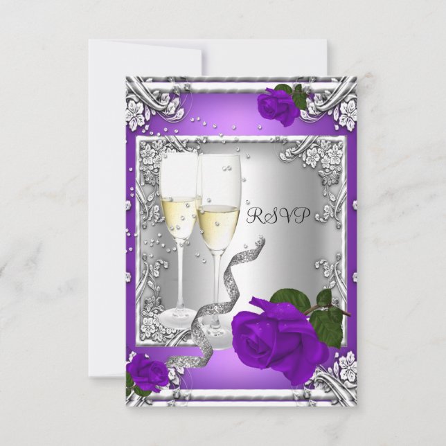RSVP 40th Birthday Party Purple Rose Silver Card (Front)