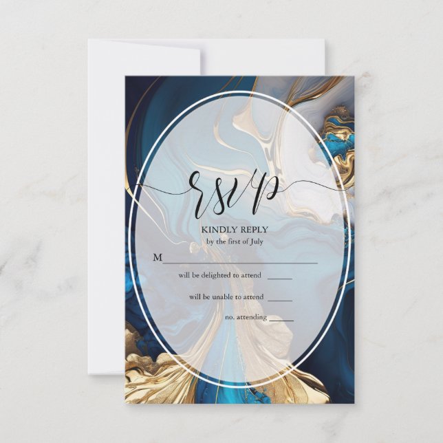 RSVP Abstract Liquid Gold on Blue Marble Card (Front)