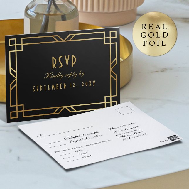 RSVP Art Deco Classic Black Gold Meal Postcard (Creator Uploaded)