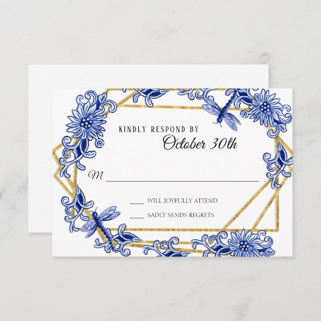 RSVP Asian Influence Sky Blue Gold Dragonfly Flora Invitation (Front/Back)