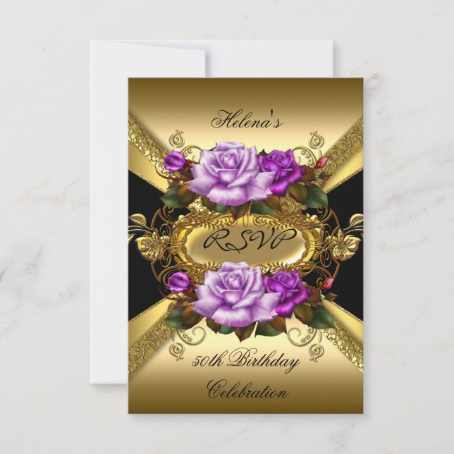 RSVP Birthday Party Roses Purple Gold Black Card (Front)