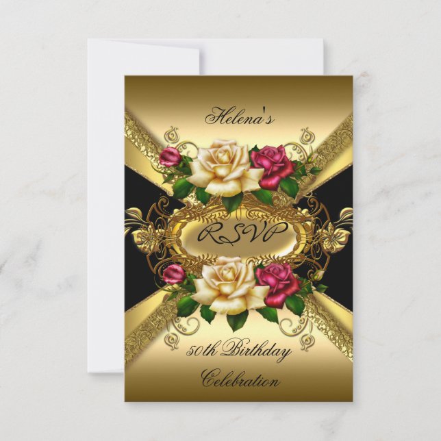 RSVP Birthday Party Roses Red Cream Gold (Front)