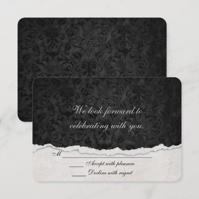 RSVP Black Damask with torn edge border Invitation (Front/Back)