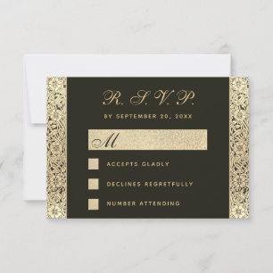 RSVP Black Gold Wedding  Vintage Elegant Floral  Card