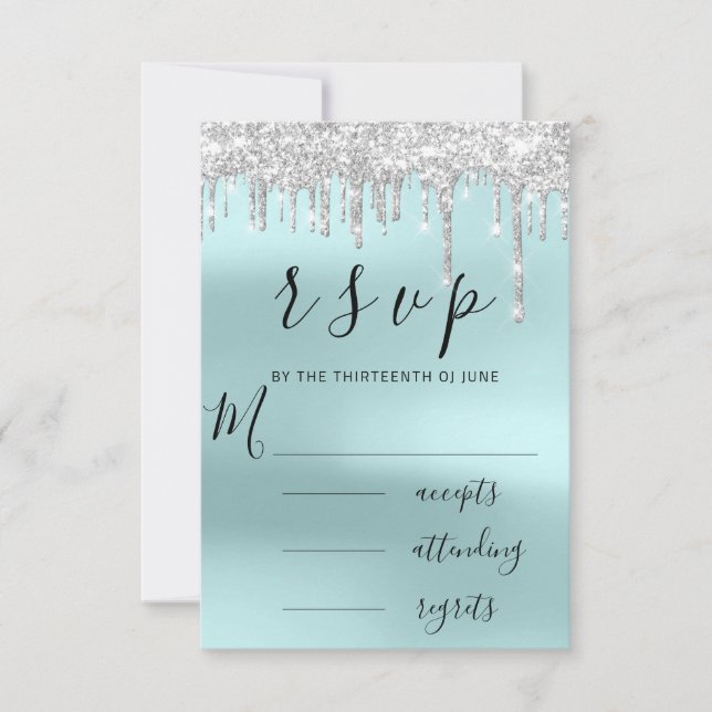 RSVP Black Grey Grey Silver Aqua Drips Wedding (Front)