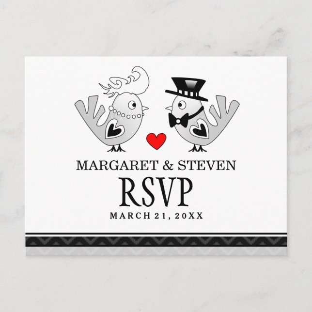 RSVP Black Love Wedding Birds Reply Postcard (Front)