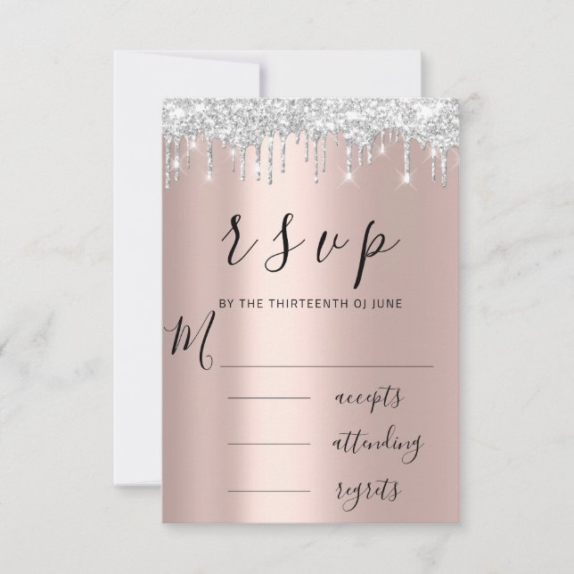 RSVP Black White Rose Silver Drips Wedding (Front)