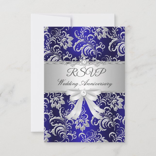 RSVP Blue Floral Bow 25th Wedding Anniversary  Card (Front)