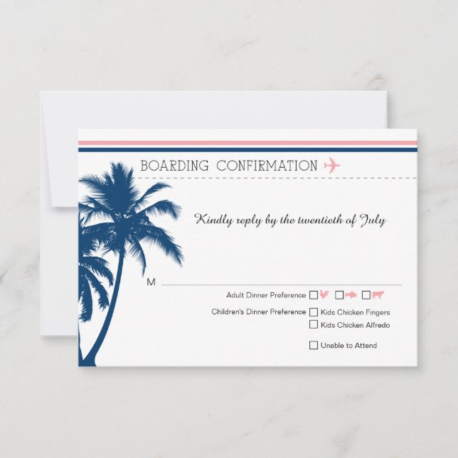 RSVP Boarding Pass Navy Blue & Blush Pink Card (Front)
