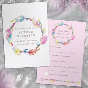 RSVP boho feather pink tribal baby blessing Card