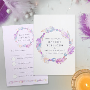 RSVP boho feather purple tribal baby blessing Card