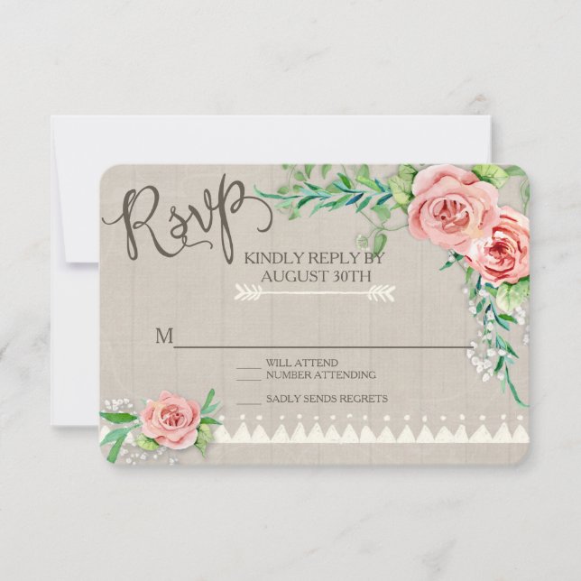 RSVP BOHO Flower Peony Babys Breath Wood Wedding Card (Front)