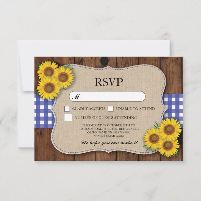 RSVP Burlap Wedding Wood Rustic Blue Check Cards (Front)