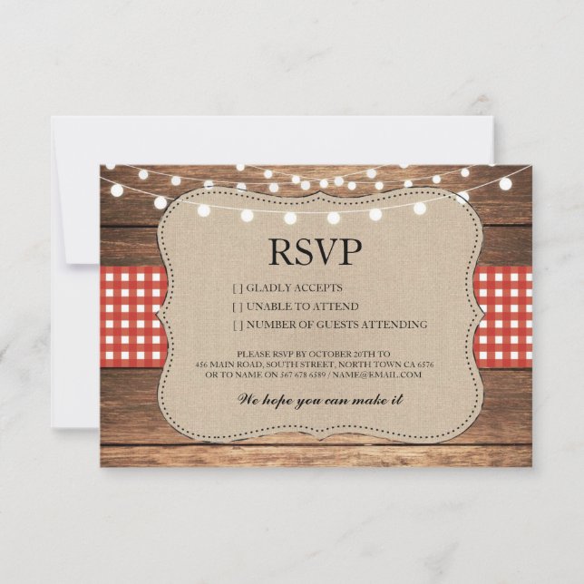 RSVP Burlap Wedding Wood Rustic Red Check Cards (Front)