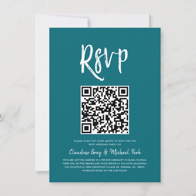 RSVP by QR Code | Teal Script Style RSVP  Invitation (Front)
