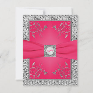 RSVP Card 2   Pink, FAUX Silver Foil, Floral