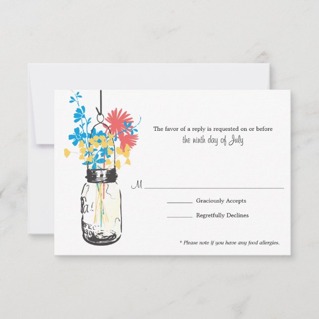 RSVP Card Blue Wild Flowers & Mason Jar (Front)