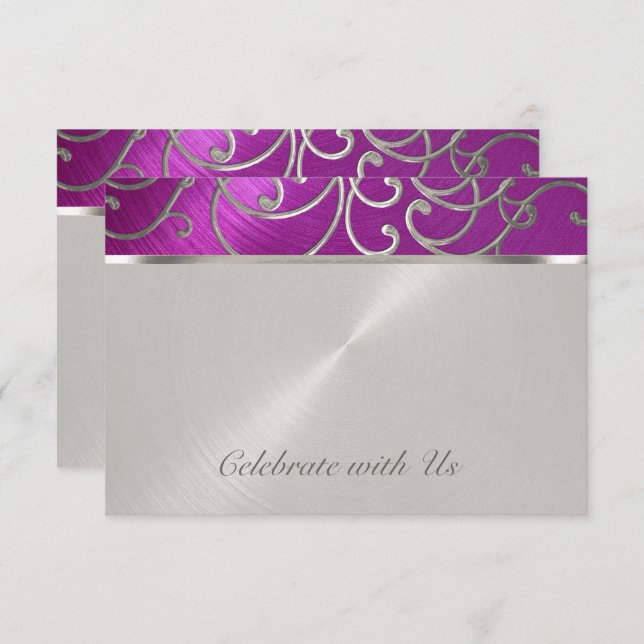 RSVP Card Elegant Raspberry Pink Silver Filigree (Front/Back)