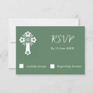 RSVP Card Floral Cross Christening Fern Green