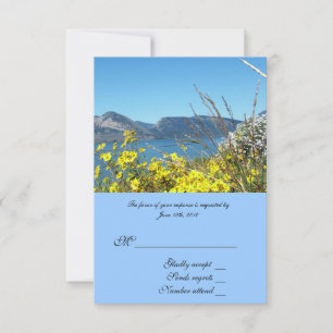 RSVP card, wildflowers and lake. Card