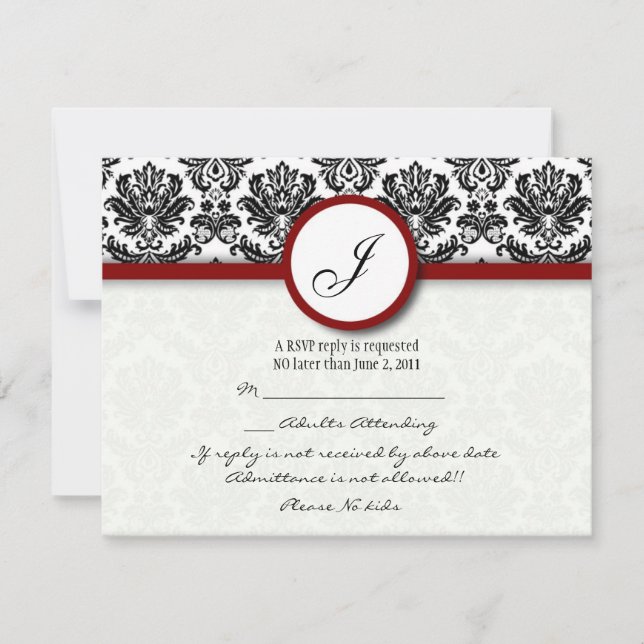 RSVP Cards Black and Burgundy Damask Monogram (Front)