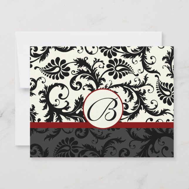 RSVP Cards-Black & Ivory Damask Maroon Trim Card (Front)
