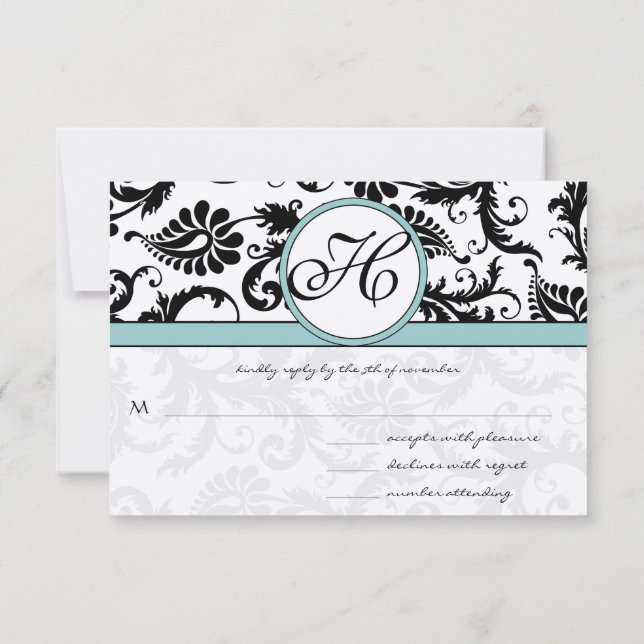 RSVP Cards-Black & White Damask Aqua Blue Card (Back)