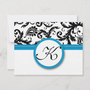 RSVP Cards-Black & White Damask Bright Aqua Trim Card