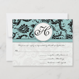 RSVP Cards-Black & White Damask Dark Pool Blue