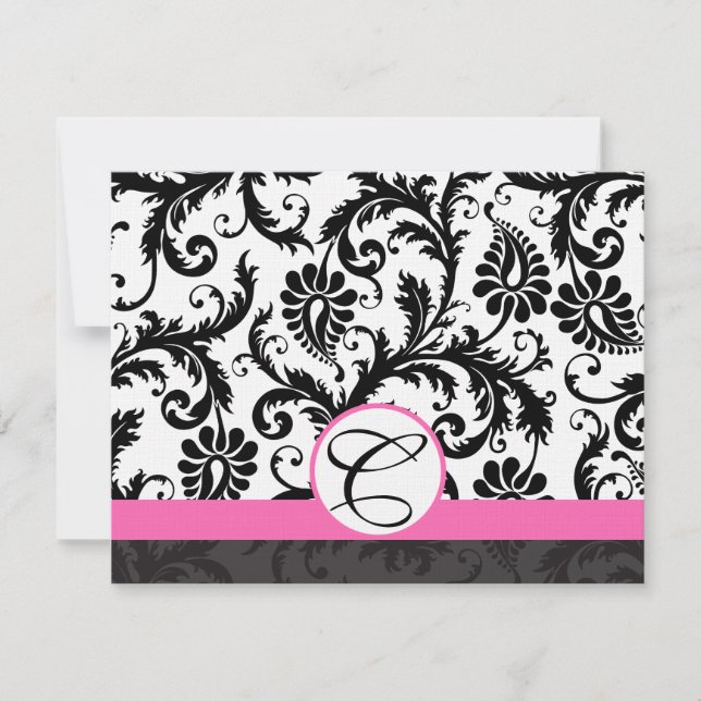 RSVP Cards-Black & White Damask Hot Pink Trim Card (Front)