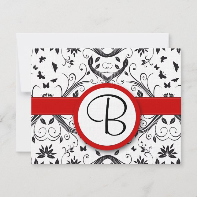 RSVP Cards-Black & White Damask Red Trim (Front)