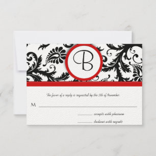 RSVP Cards-Black & White Damask Red Trim