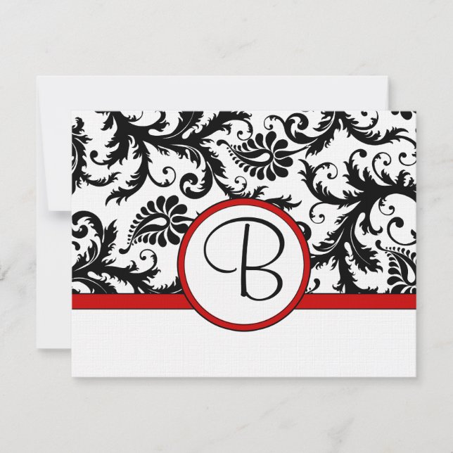 RSVP Cards-Black & White Damask Red Trim (Front)