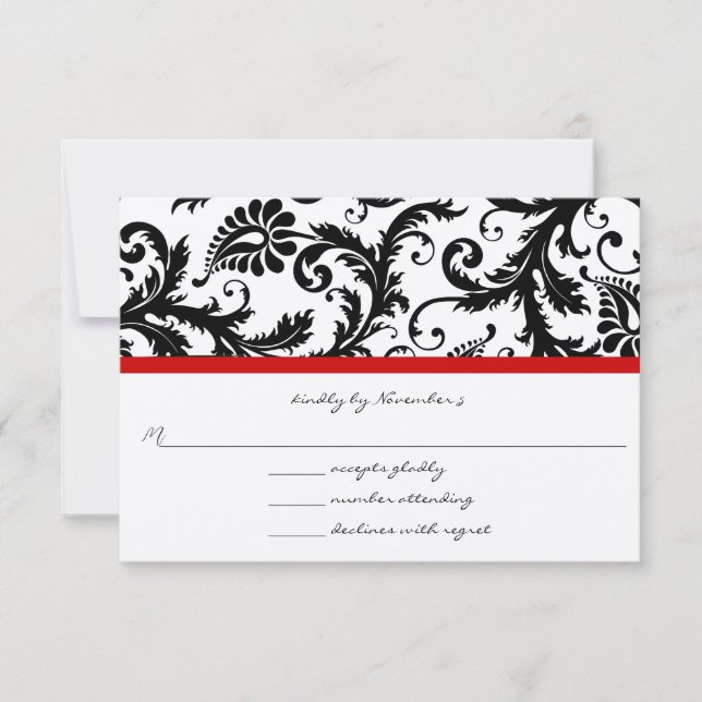 RSVP Cards-Black & White Damask Red Trim (Front)