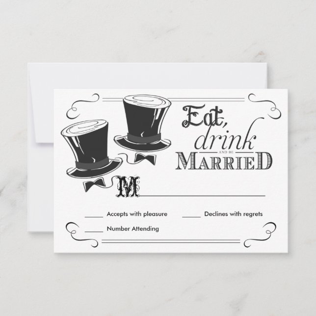 RSVP Chalkboard Gay Wedding Top Hats Card (Front)