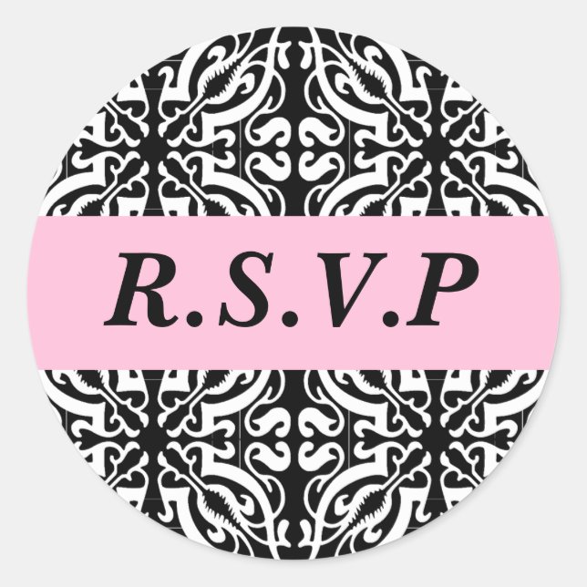 RSVP - Customisable (Black & White Damask) Classic Round Sticker (Front)