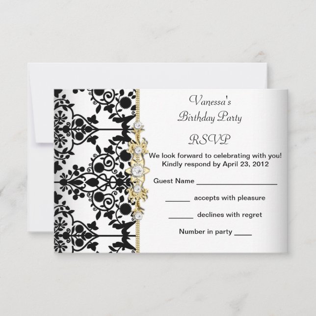RSVP Damask Birthday Party Gold Black White Floral (Front)